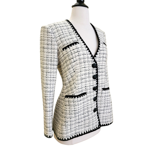 Veronica Beard Albia Rickrack Trim Tweed Lady Jacket Black White Check Size 0 - Picture 5 of 9